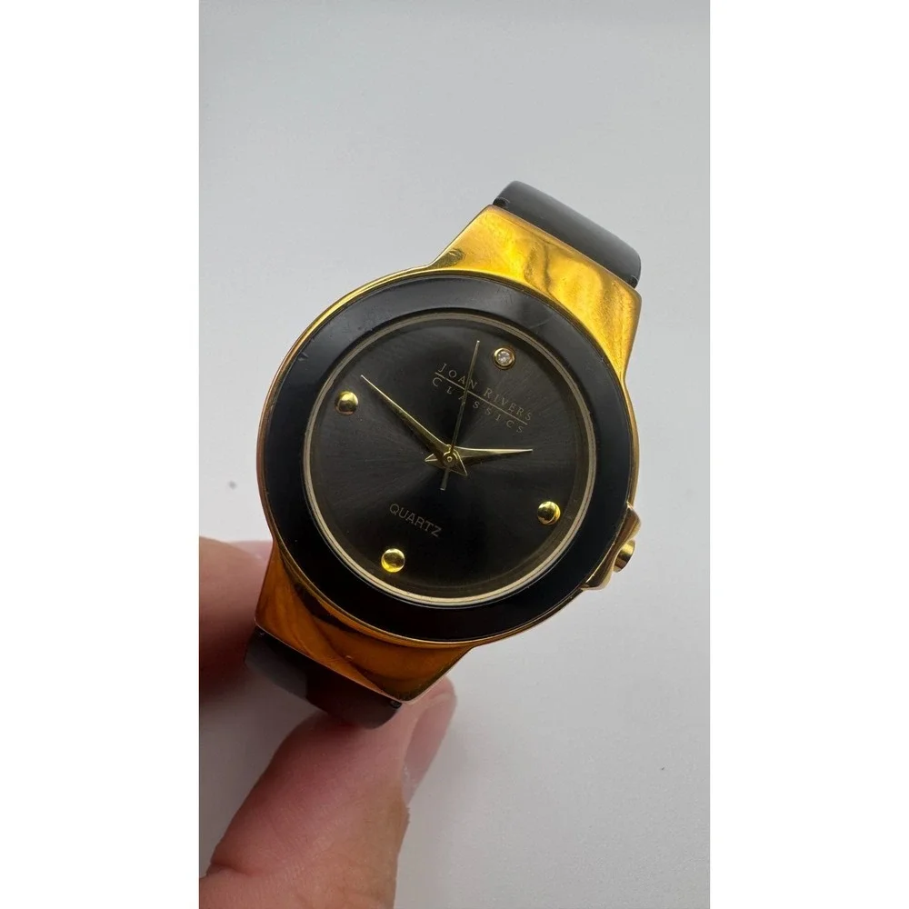 Vintage Joan Rivers Watch Bangle Classics Black Lucite Cuff Gold Tone READ